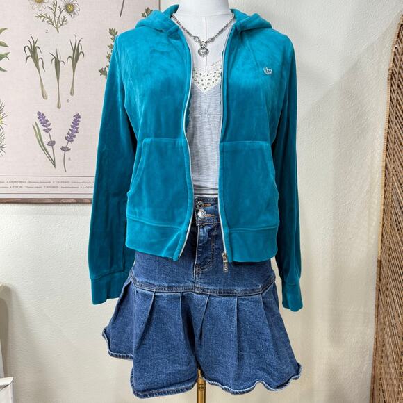 Juicy Couture Peacock Blue Teal Velour Track Hoodie Jacket Y2k McBling Trashy M - Picture 3 of 10